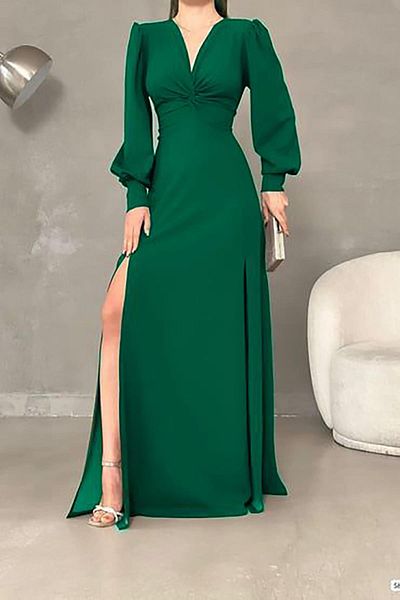 Deafox Emerald Green Maxi Dress - Knot Detail, Long Sleeve, Double Slit