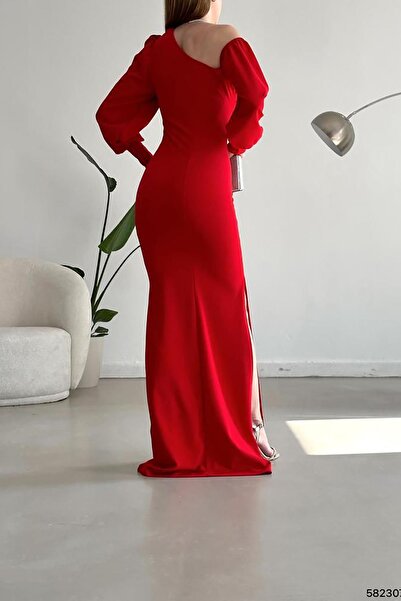 Deafox Piros egy vállú, nyitott részletekkel importált krepp szövetből készült maxi hosszú ujjú ruha
