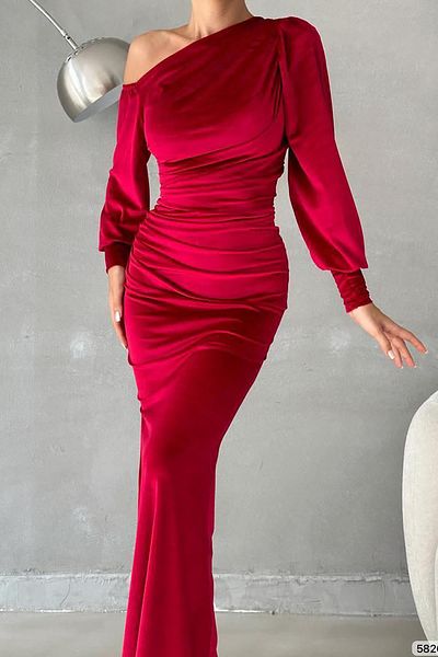 Deafox Burgunderfarbenes One-Shoulder-Open-Detail-Maxikleid aus Samtstoff mit langen Ärmeln