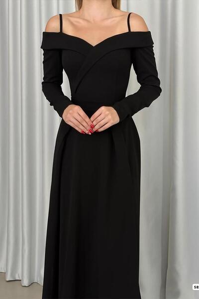 Deafox Μαύρο λεπτό λουράκι με μακρύ μανίκι με λεπτομέρεια Maxi μήκους εισαγόμενο υφασμάτινο φόρεμα κρεπ