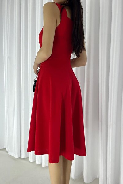 Deafox Piros importált krepp szövet vastag pántos gombos részletes ruha