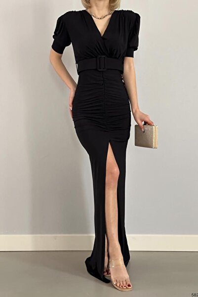 Deafox Μαύρο αμμώδες υφασμάτινο φόρεμα με σχισμή μπροστά