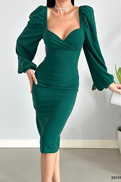 Deafox Zelené midi šaty s princeznovým rukávem a rozparkem se srdcem