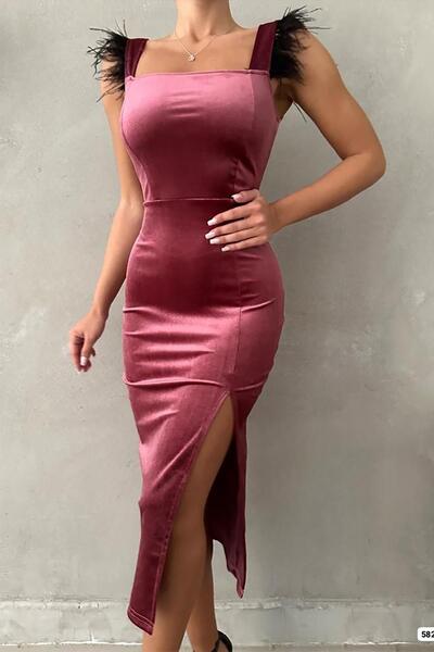 Deafox Rochie de catifea cu detalii Powder Otrish