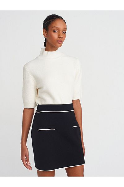 Dilvin 10658 Stand Collar Short Sleeve Knitwear Sweater-Ecru
