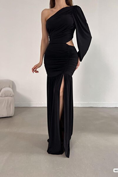 Deafox Rochie neagră, cu o singură mânecă, din țesătură nisipoasă, decoltată