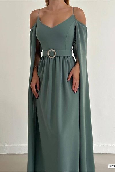 Deafox Μέντα ώμου Ανοιχτή λεπτομέρεια Cape Sleeve Self Belt Imported Crepe Fabric Dress