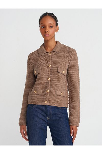 Dilvin 60925 Model Polo Neck Mink Knitwear Cardigan - Buttoned