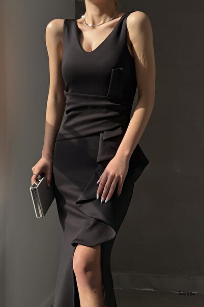 Deafox Černá potápěčská tkanina večerní šaty s širokými ramínky a dlouhým detailem rozparku