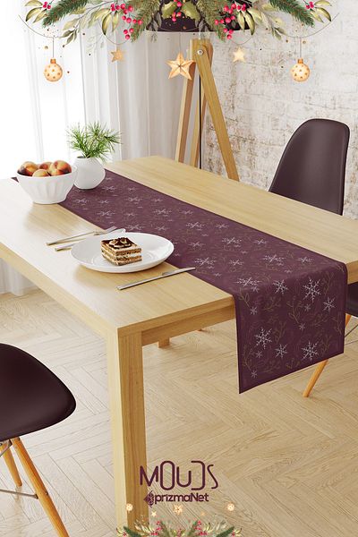 Moud's Christmas Patterned Burgundy Runner Tablecloth - Laceless Suede Fabric