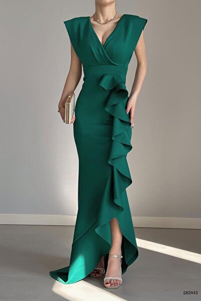 Deafox Πράσινο βραδινό φόρεμα με διχτυωτό γιακά με λεπτομέρεια Scuba ύφασμα διχτυωτό