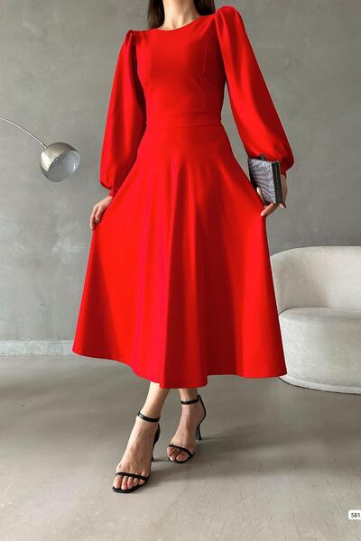 Deafox Red Balloon Sleeve Crew Neck Basic Midi méretű importált krepp szövet ruha