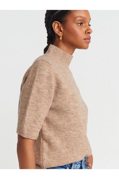 Dilvin 10658 Stand Collar Short Sleeve Knitwear Sweater-Beige