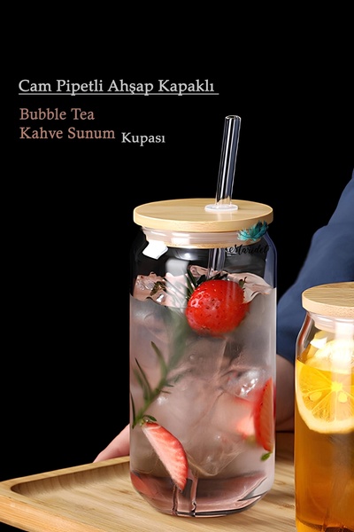 Maridet Bambu Kapaklı Pipetli Isıya Dayanıklı Cam Bardak Kola Kutu Şekilli Ka...