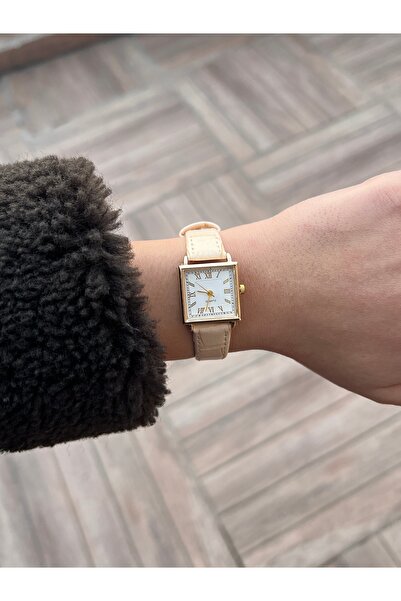 İnogge İnogge Coff Model Krem Renk Deri Kordonlu Kare Kasa Kadın Kol Saati