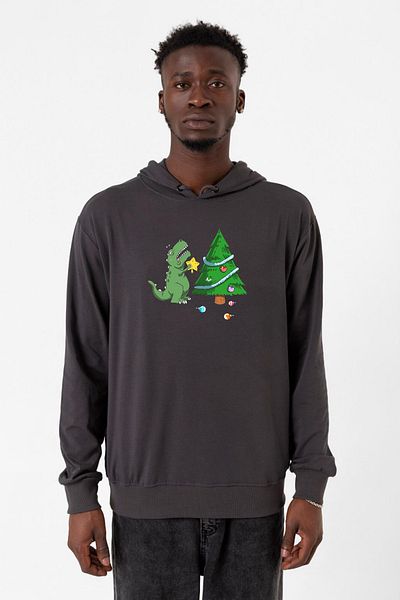 Tshirthane Ανδρικό χριστουγεννιάτικο δέντρο δεινοσαύρων - καπνιστό, κουκούλα με 2 κλωστές