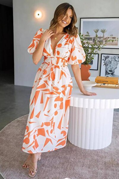 Deafox Orange Digital Printed Linen Fabric Lined Waist Gathered Midi Dress
