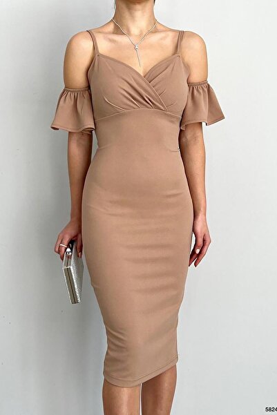 Deafox Brown Crepe Fabric Shoulder Detailed Dress