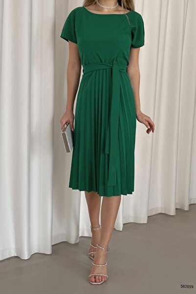 Deafox Φόρεμα Green Crepe Υφασμάτινο Πλισέ