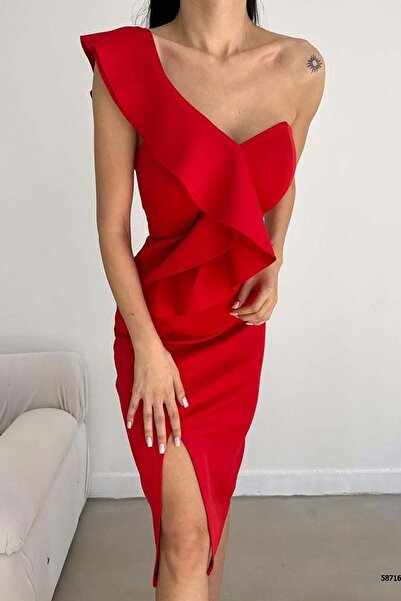 Deafox Červené šaty s potápěčskou tkaninou poskakující a s rozparkem