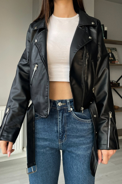 Orihime Kadın Siyah Fermuarlı Cepli Kemerli Suni Deri Ceket