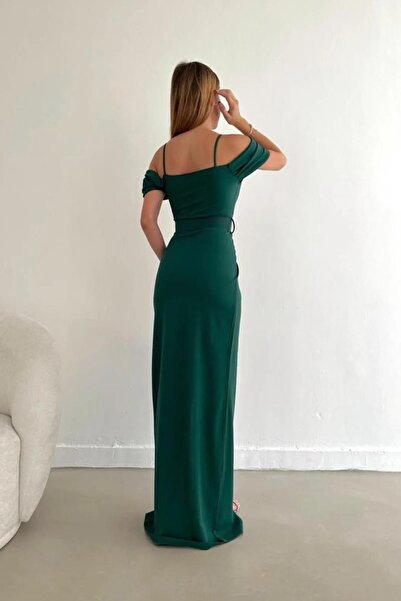 Deafox Smaragdzöld krepp szövet - kétsoros galléros és hasított részletes öves ruha