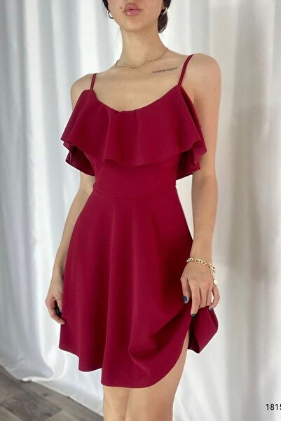 Deafox Bordo Krep Kumaş Volanlı Kloş Elbise