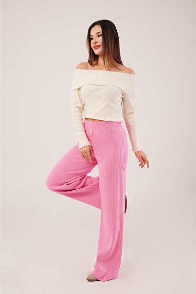 Hipo Trend Ροζ πλεκτό παντελόνι με κορδόνι με ελαστική μέση