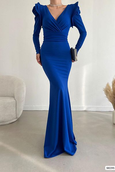 Deafox Saks Blue Shoulders lendkerék részletes hosszú ujjú öves maxi hosszúságú import krepp szövet ruha