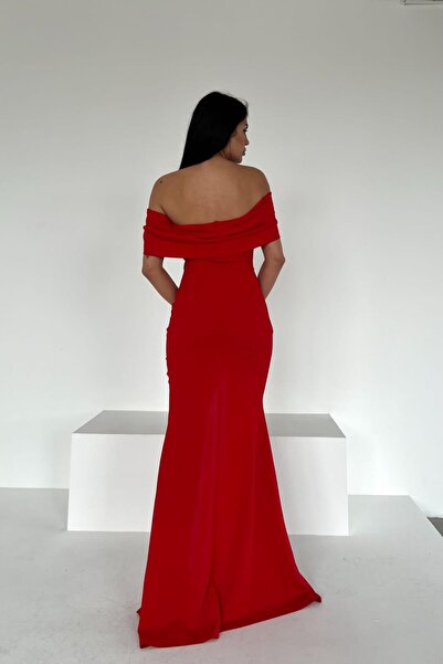 Deafox Czerwona importowana krepowa tkanina Madonna z kołnierzykiem i rozcięciem na długość maxi