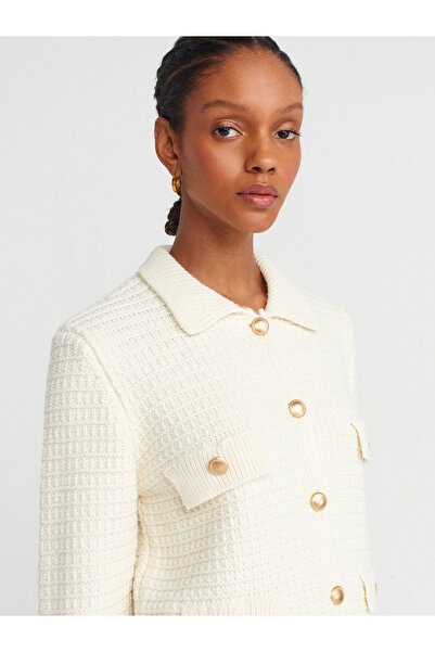 Dilvin 60925 Polo Collar Buttoned Knitwear Cardigan-Ecru