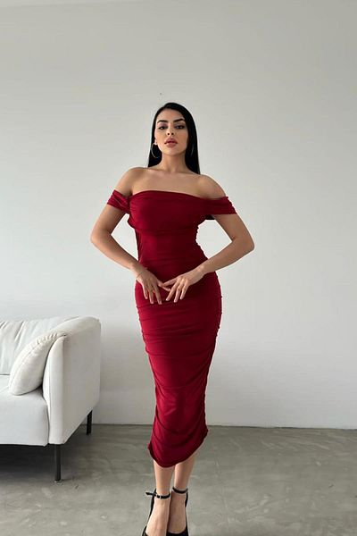 Deafox Rochie midi cu detaliu de pe umăr din țesătură nisipoasă roșie