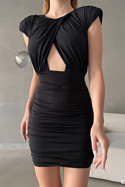 Deafox Siyah Vatkalı Pencere Detay Büzgülü Mini Boy Sandy Kumaş Elbise