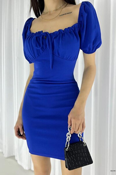 Deafox Saks Mavisi Madonna Yaka İthal Krep Kumaş Büzgülü Elbise