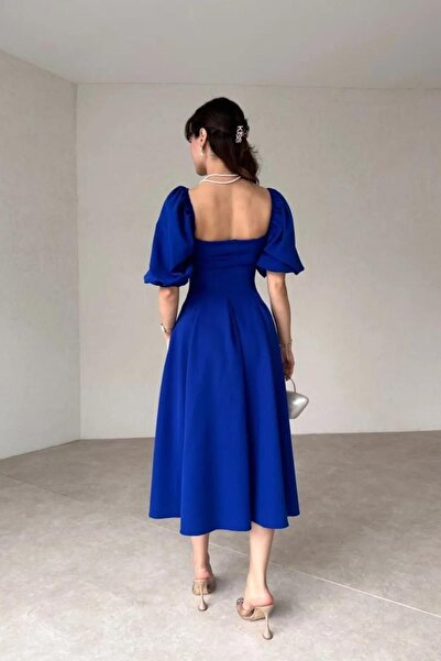 Deafox Saks Mavisi Krep Kumaş Balon Kol Pileli Kare Yaka Midi Boy Elbise