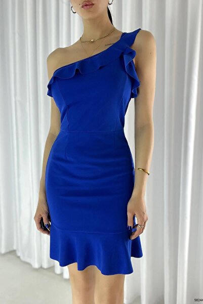 Deafox Saks Mavisi Tek Omuz Detay Volanlı Krep Kumaş Elbise