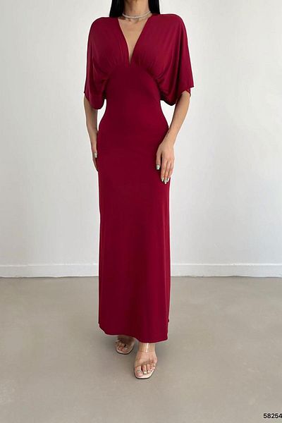 Deafox Burgunderrotes Kleid mit langen Schlitzen und Fledermausärmeln aus Sandstoff