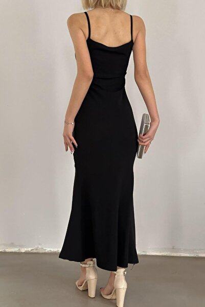 Deafox Μαύρο Εισαγόμενο Κρεπ Ύφασμα Λεπτό Φόρεμα με λουράκι με λεπτομέρεια