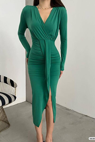 Deafox Zöld, kétsoros nyakkivágású, hosszú ujjú, hasított részletekkel ellátott homokszínű szövet ruha