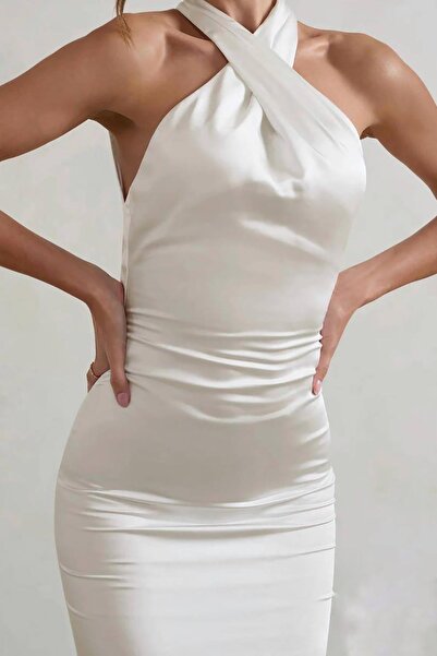 Deafox Weißes, importiertes Maxikleid aus Satinstoff mit Metall-Agraf-Schnalle, detailliertem, verstecktem Reißverschluss und tiefem Rückenausschnitt