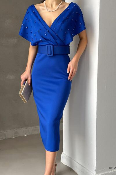 Deafox Saks Blue Belted Scuba Fabric ruha gyöngy részletekkel