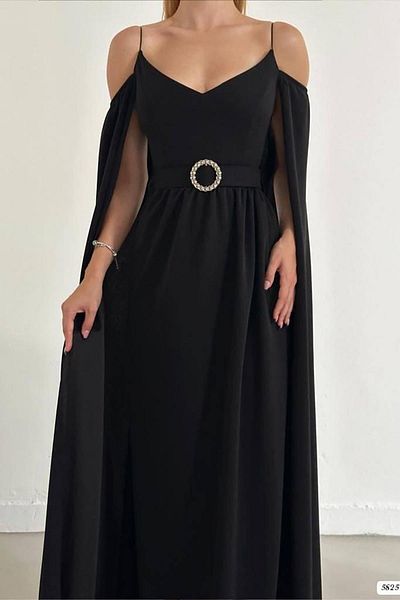 Deafox Rochie din țesătură creponă importată cu mânecă pe cap cu detaliu negru