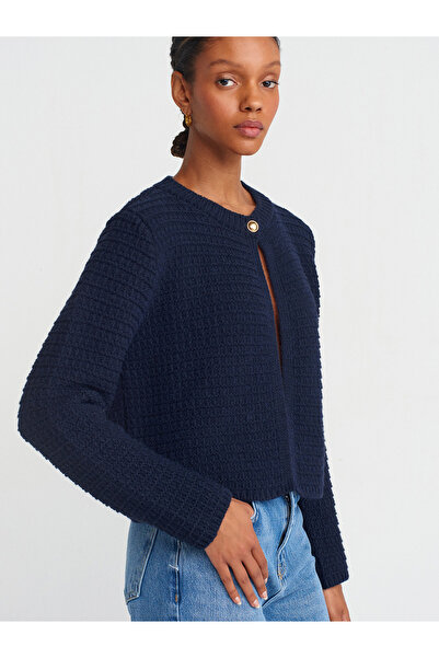 Dilvin 60298 Tricotaj cu nasturi cu guler rotund Cardigan-albastru închis