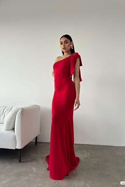 Deafox Red Scuba Fabric - One Shoulder Bow Detail Fish Model Dress