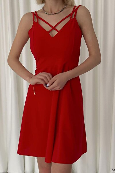 Deafox Red Cross Strap Imported Crepe Fabric Dress