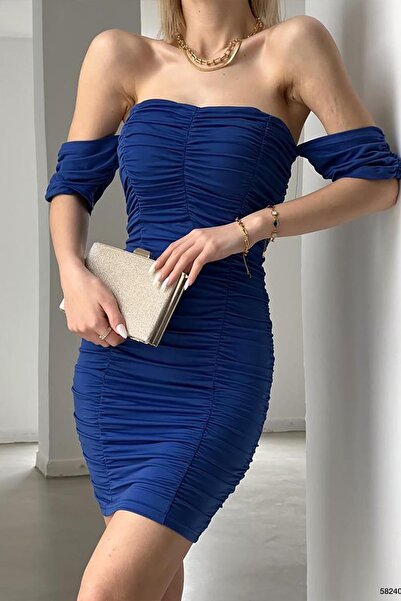 Deafox Saks Blue Sandy Fabric Dress with Draped and Sleeve Detail