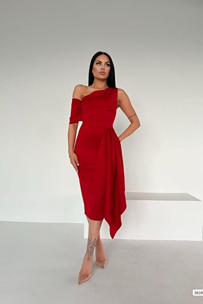 Deafox Piros búvárszövet egy vállú, midi hosszúságú tervezői ruha