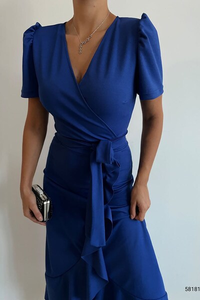 Deafox Saks Blue Crepe Fabric rövid ujjú öves Midi ruha