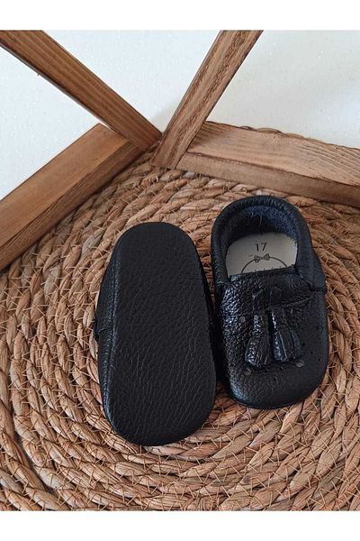 MİNİBİRİ Royal Model Black Color Genuine Leather Baby Loafers Baby Shoes