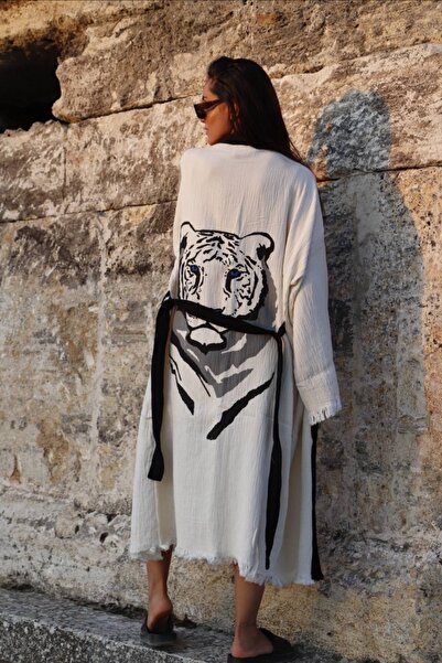 Befera Design رداء حمام من الموسلين كيمونو 100% قطن مطبوع عليه نمر، رداء قفطان